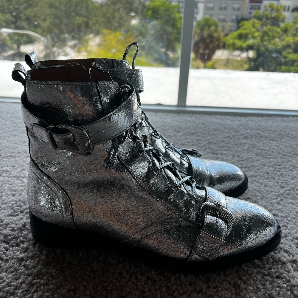 Schutz metal silver moto buckle boots booties